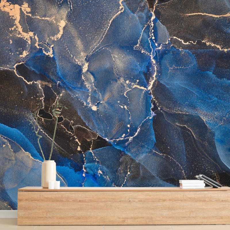 Fototapete luxuriöse blaue und goldene abstrakte wellen