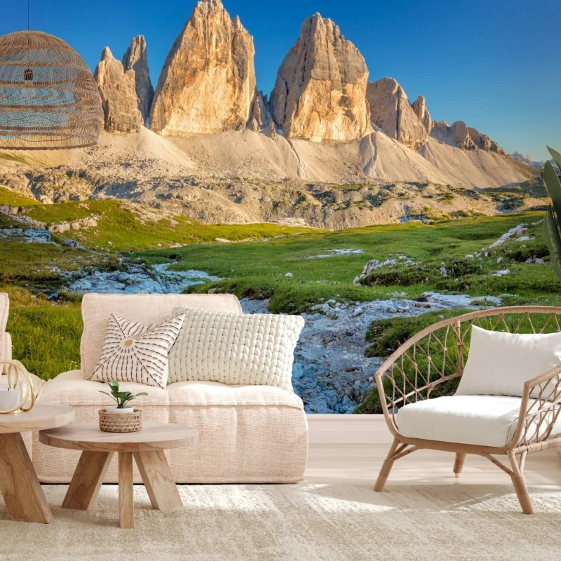 Fototapete Tre Cime di Lavaredo über der alpenwiese – Wallnifity® Fototapete Tre Cime di Lavaredo über der alpenwiese – Wallnifity®
