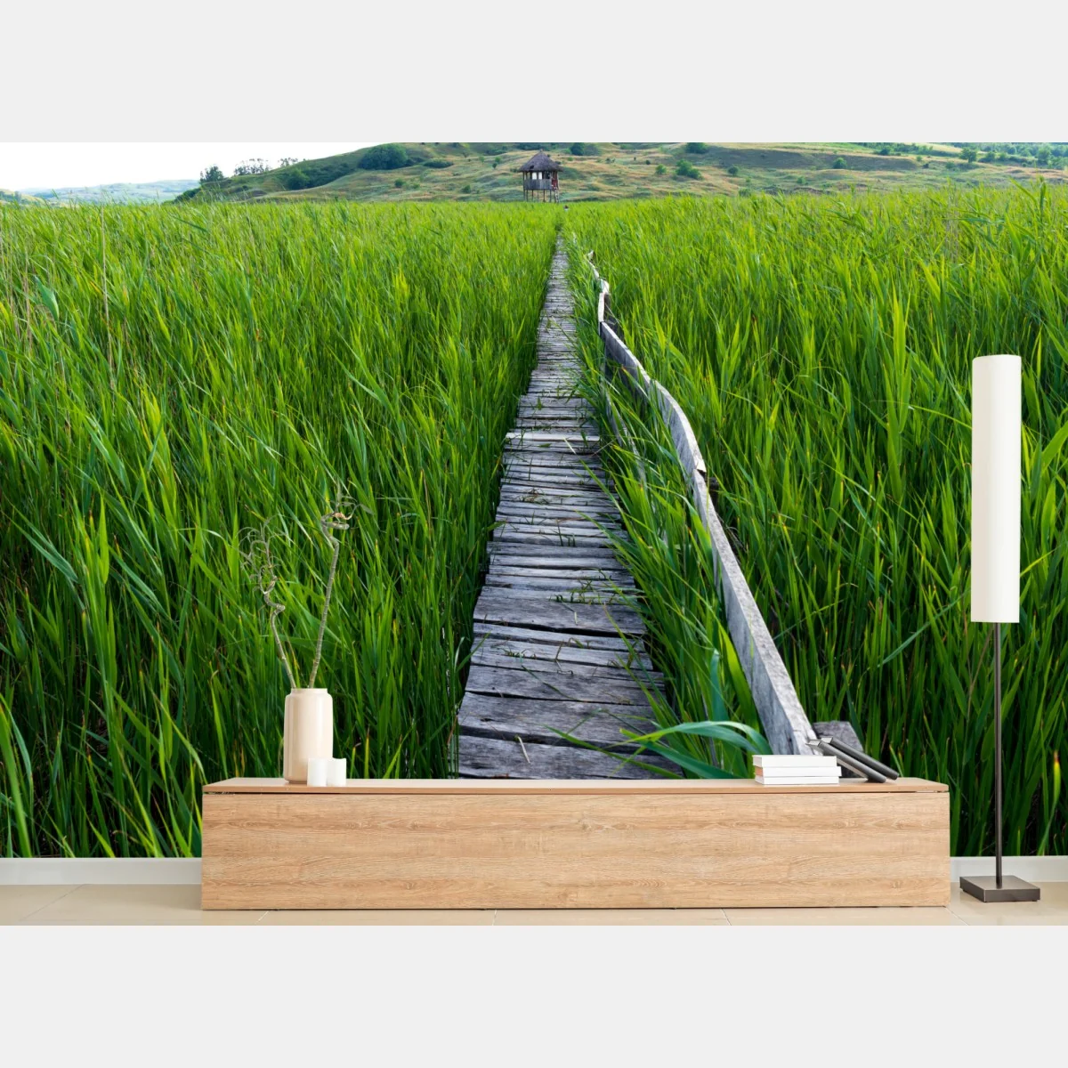 Fototapete ruhiger grüner steg durch schilfland zur rustikalen hütte – Wallnifity® Fototapete ruhiger grüner steg durch schilfland zur rustikalen hütte – Wallnifity®