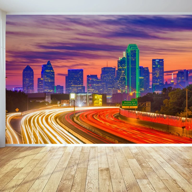 Fototapete panorama von Dallas bei sonnenuntergang mit lichtspuren auf der autobahn – Wallnifity® Fototapete panorama von Dallas bei sonnenuntergang mit lichtspuren auf der autobahn – Wallnifity®