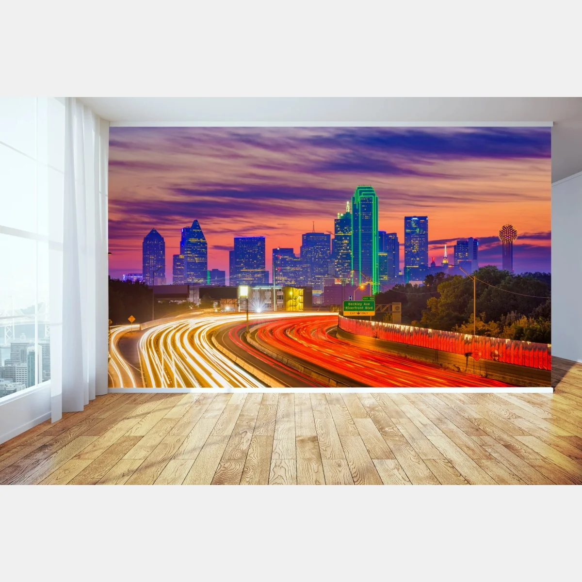 Fototapete panorama von Dallas bei sonnenuntergang mit lichtspuren auf der autobahn – Wallnifity® Fototapete panorama von Dallas bei sonnenuntergang mit lichtspuren auf der autobahn – Wallnifity®
