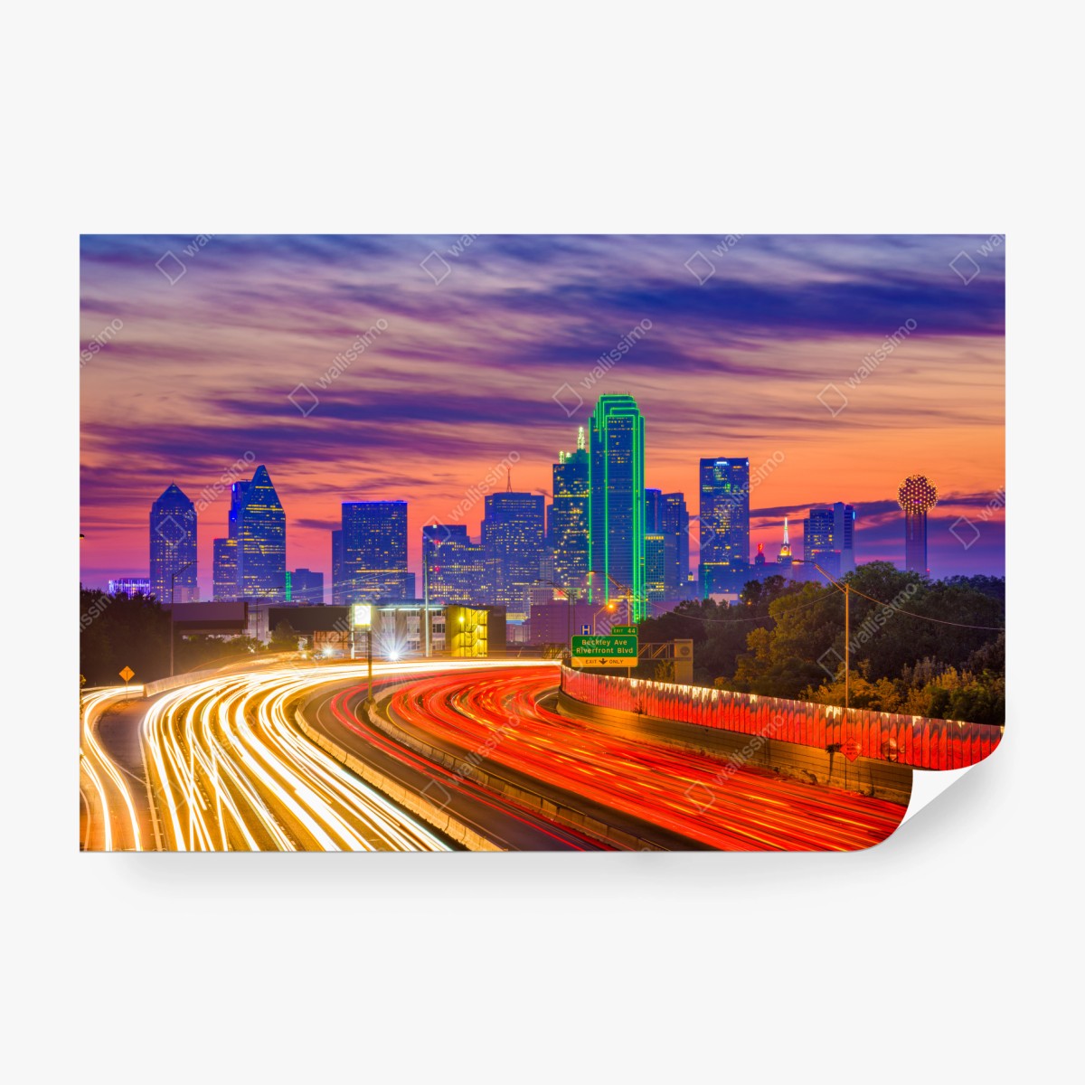 Fototapete panorama von Dallas bei sonnenuntergang mit lichtspuren auf der autobahn – Wallnifity® Fototapete panorama von Dallas bei sonnenuntergang mit lichtspuren auf der autobahn – Wallnifity®