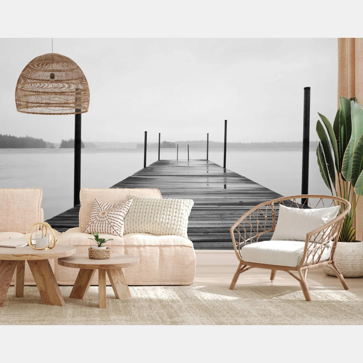 Fototapete nebliger steg am see in monochrom – Wallnifity® Fototapete nebliger steg am see in monochrom – Wallnifity®