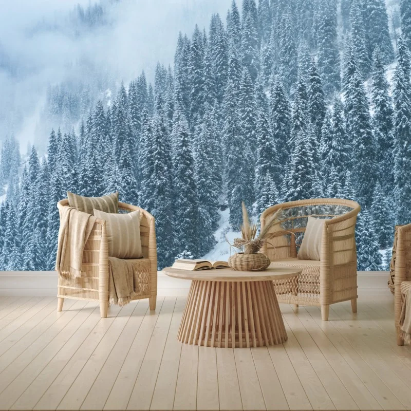 Fototapete nebeliger schneebedeckter kiefernwald