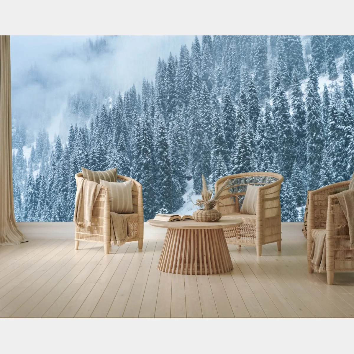 Fototapete nebeliger schneebedeckter kiefernwald – Wallnifity®