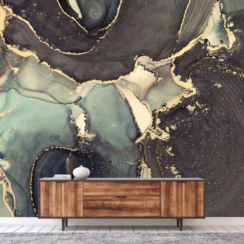 Fototapete türkis und gold abstrakte fließmalerei