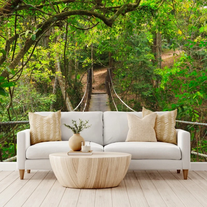 Fototapete hängende holzbrücke im grünen wald – Wallnifity® Fototapete hängende holzbrücke im grünen wald – Wallnifity®