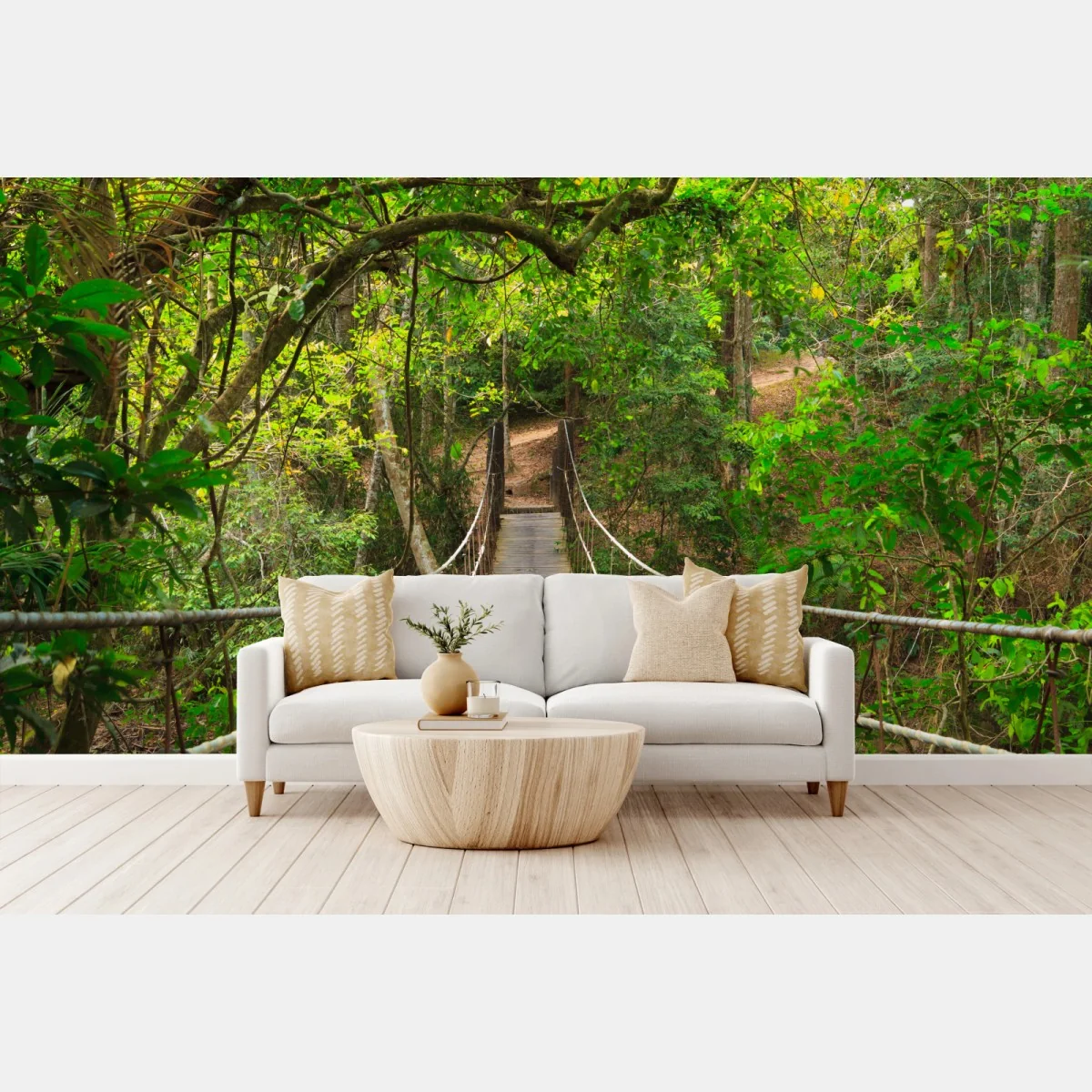 Fototapete hängende holzbrücke im grünen wald – Wallnifity® Fototapete hängende holzbrücke im grünen wald – Wallnifity®