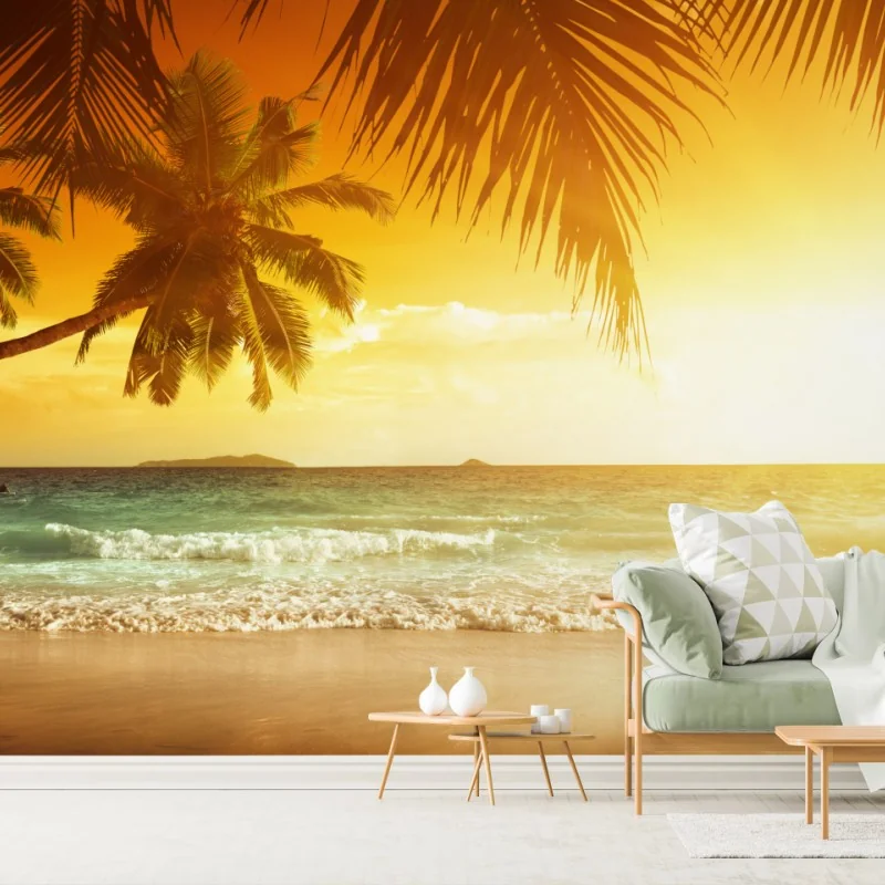 Fototapete goldener sonnenuntergang an einem strand in der Karibik