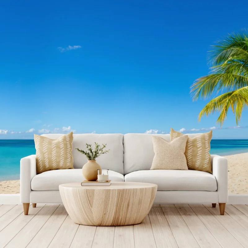 Fototapete tropischer strand mit türkiswasser und palme