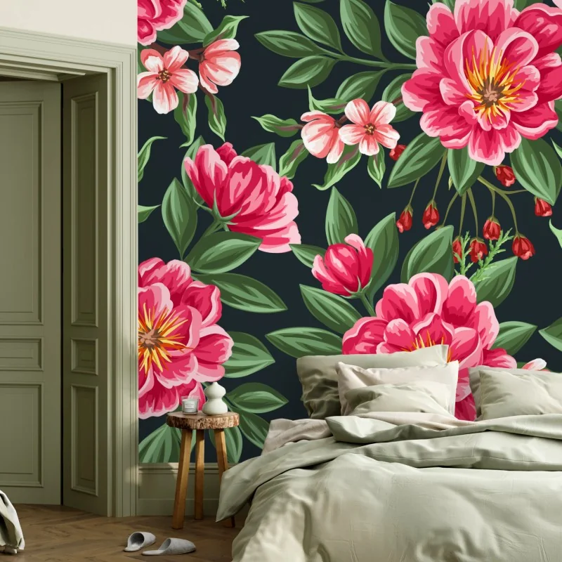 Fototapete rosa aquarell blumenmuster auf dunklem hintergrund