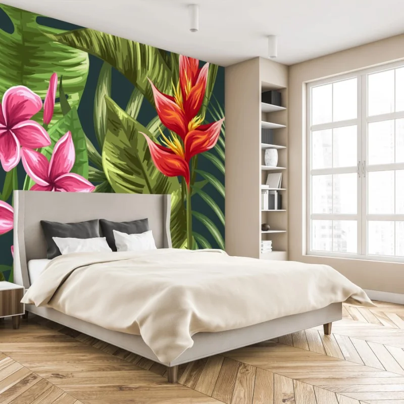 Fototapete tropisches hibiskus- und plumeria-blumenmuster