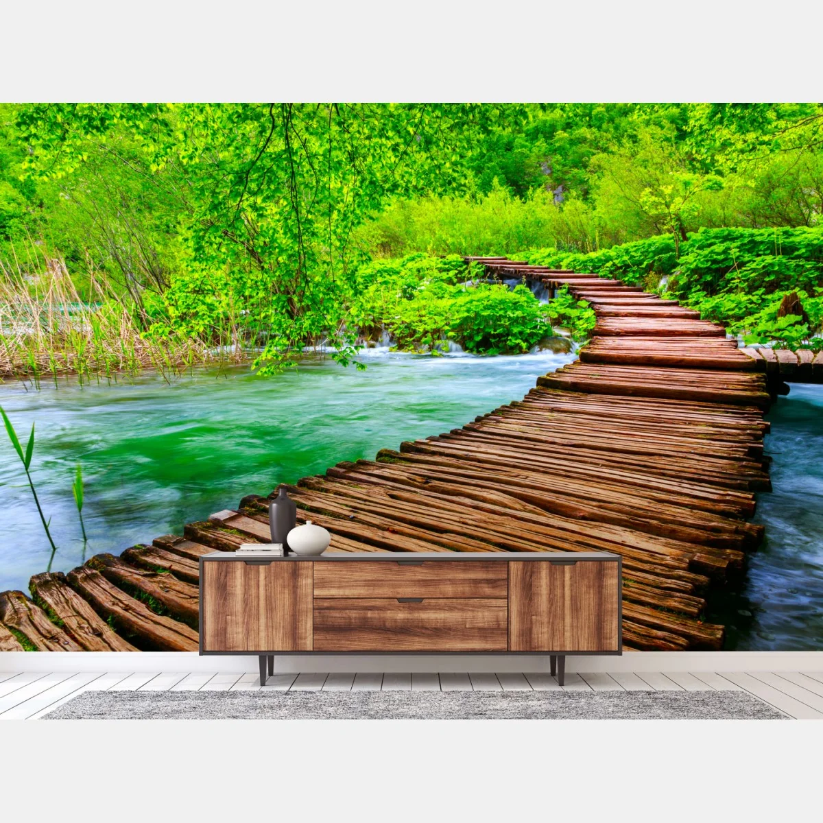 Fototapete ruhiger grüner steg über dem fluss – Wallnifity®