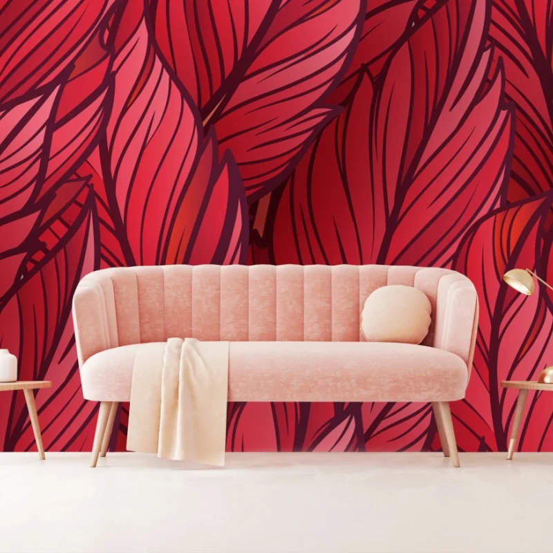 Fototapete rotes botanisches blättermuster