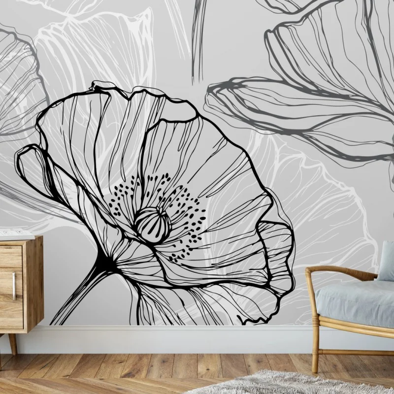 Fototapete zarter grauer mohn in linienzeichnung – Wallnifity® Fototapete zarter grauer mohn in linienzeichnung – Wallnifity®