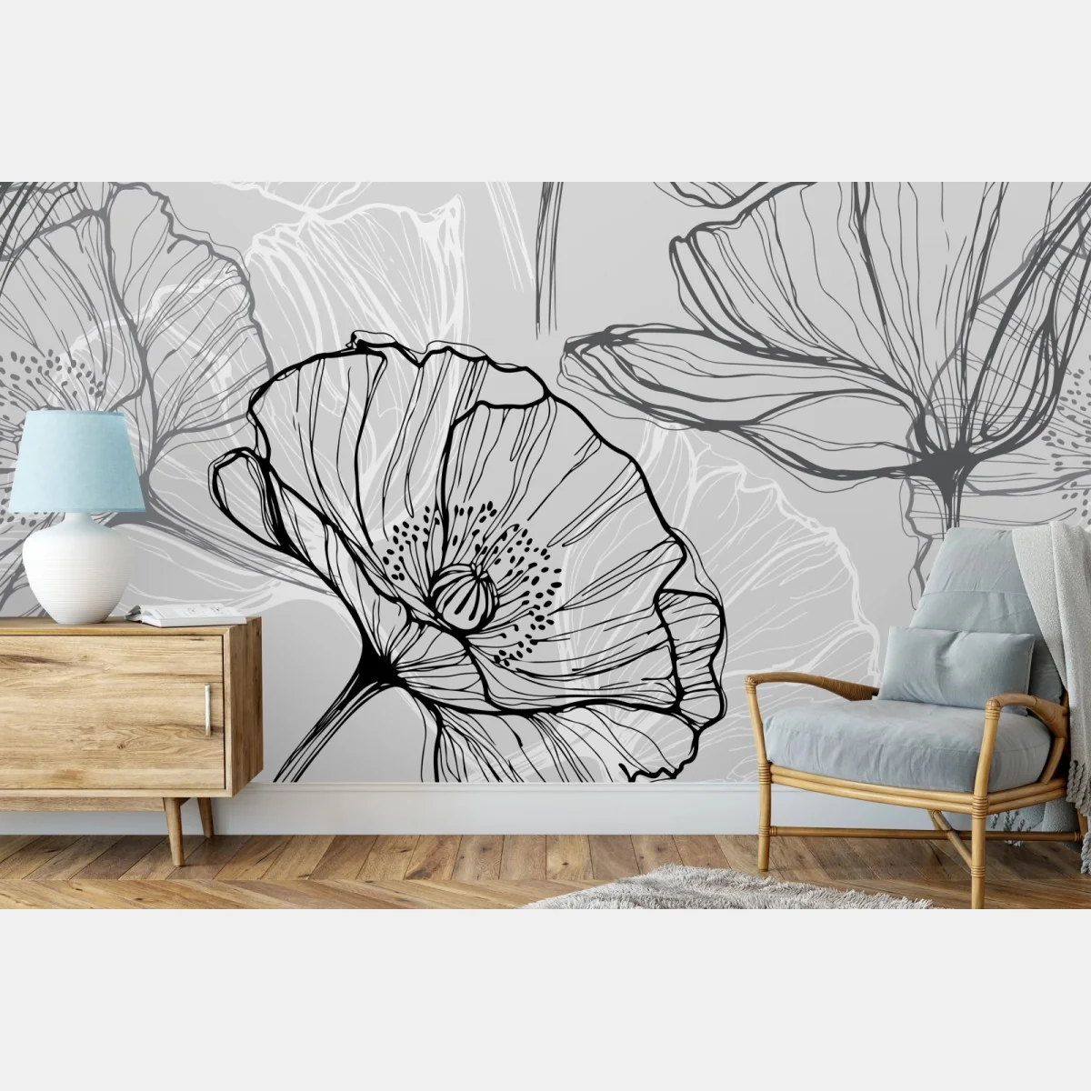 Fototapete zarter grauer mohn in linienzeichnung – Wallnifity® Fototapete zarter grauer mohn in linienzeichnung – Wallnifity®