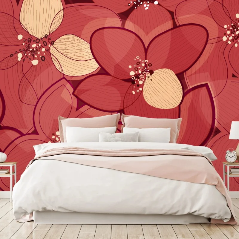 Fototapete rotes blumenmuster mit beigen mittelpunkten