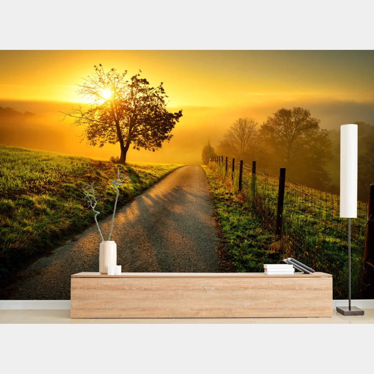 Fototapete sonnenbeschienener landweg durch die morgenwiese – Wallnifity®