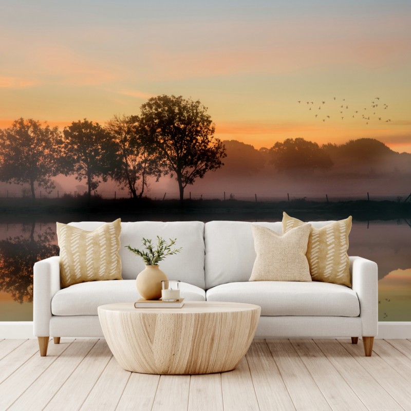 Fototapete nebliger herbstlicher sonnenaufgang über Englischer landschaft