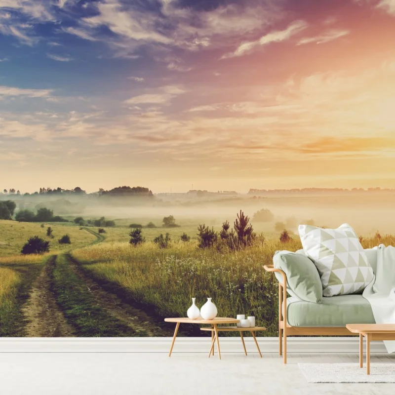 Fototapete nebeliger sonnenaufgang über einer ländlichen wiese – Wallnifity®