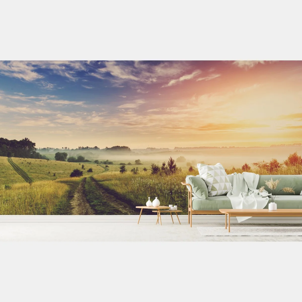 Fototapete nebeliger sonnenaufgang über einer ländlichen wiese – Wallnifity®