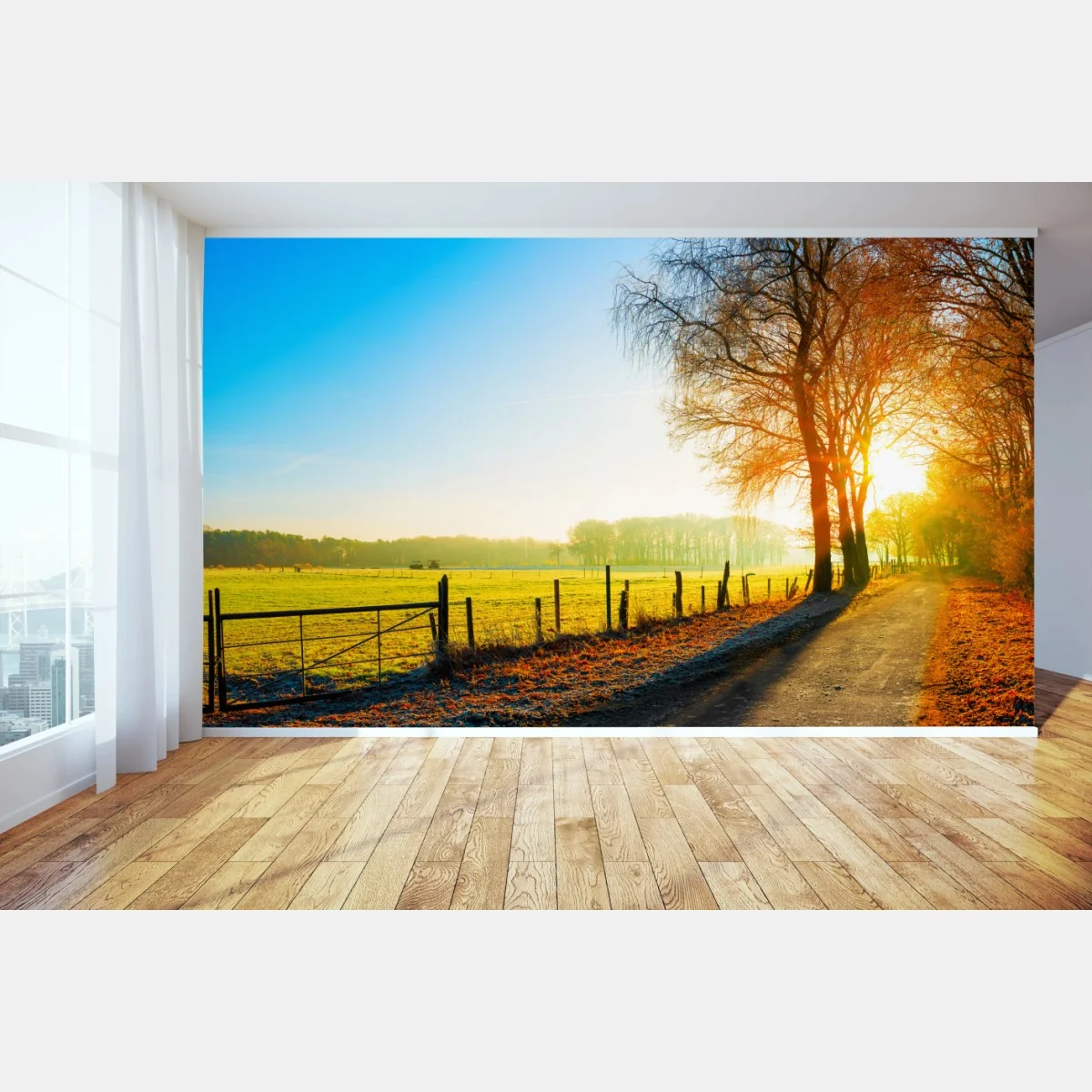 Fototapete sonnenbeschienener landweg durch herbstliche wiese – Wallnifity® Fototapete sonnenbeschienener landweg durch herbstliche wiese – Wallnifity®