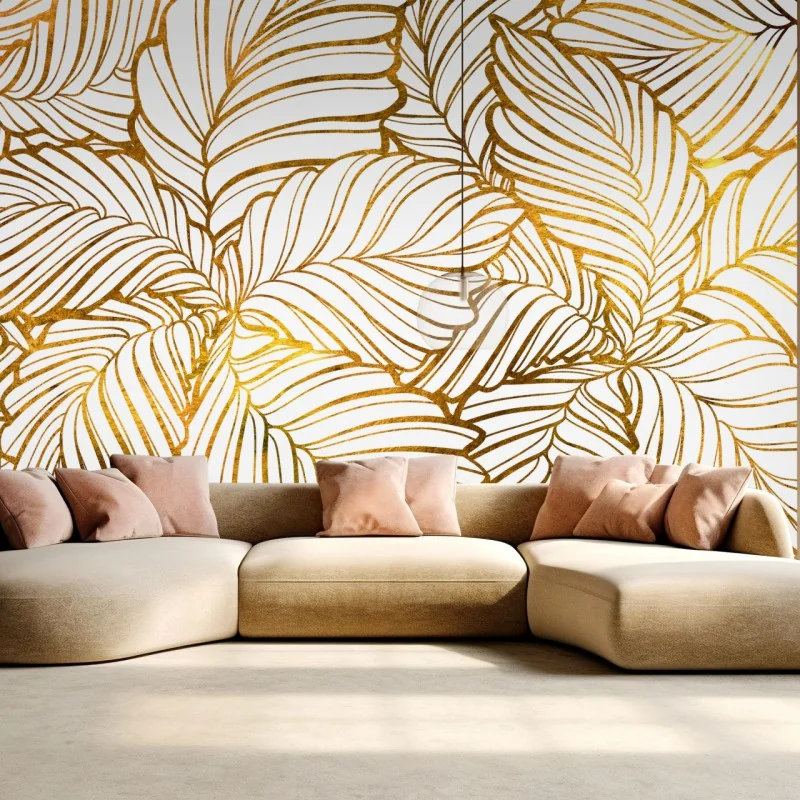 Fototapete goldenes blatt line art muster