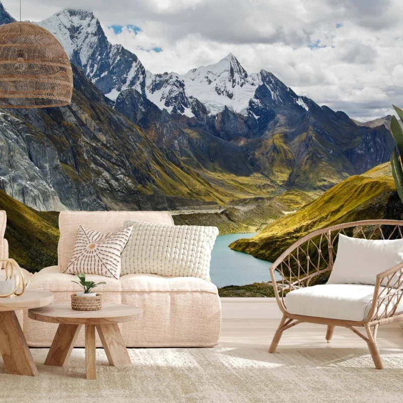 Fototapete türkisblauer bergsee unter schneegipfeln