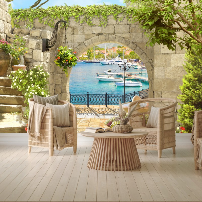 Fototapete mediterraner blick durch eine arkade