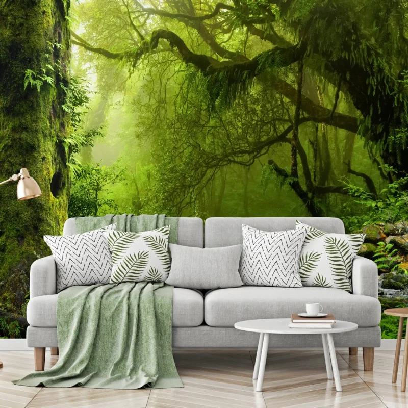 Fototapete verzauberter grüner waldbach – Wallnifity®