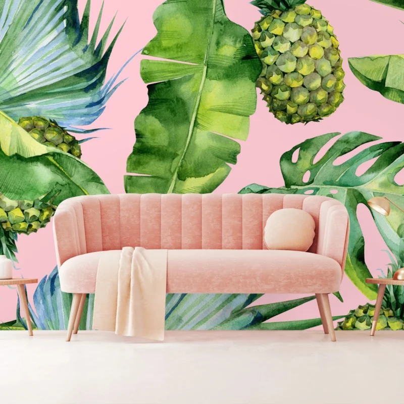 Fototapete tropisches ananas- und blattmuster in aquarell auf rosa hintergrund – Wallnifity® Fototapete tropisches ananas- und blattmuster in aquarell auf rosa hintergrund – Wallnifity®