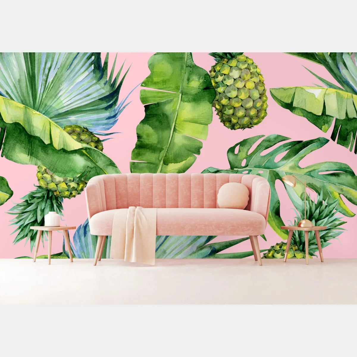 Fototapete tropisches ananas- und blattmuster in aquarell auf rosa hintergrund – Wallnifity® Fototapete tropisches ananas- und blattmuster in aquarell auf rosa hintergrund – Wallnifity®