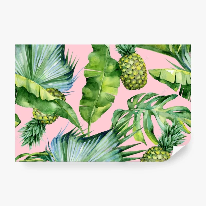 Fototapete tropisches ananas- und blattmuster in aquarell auf rosa hintergrund – Wallnifity® Fototapete tropisches ananas- und blattmuster in aquarell auf rosa hintergrund – Wallnifity®