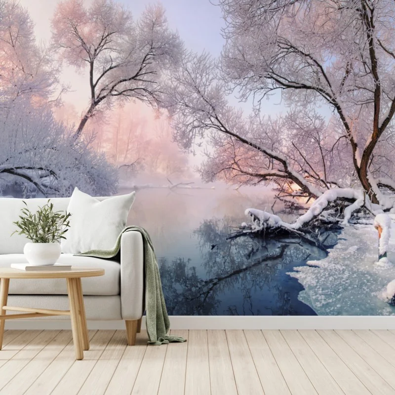 Fototapete ruhige winterlandschaft am fluss – Wallnifity®