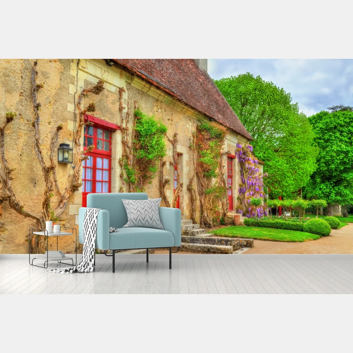 Fototapete reizendes landhaus mit blühender glyzinie – Wallnifity®