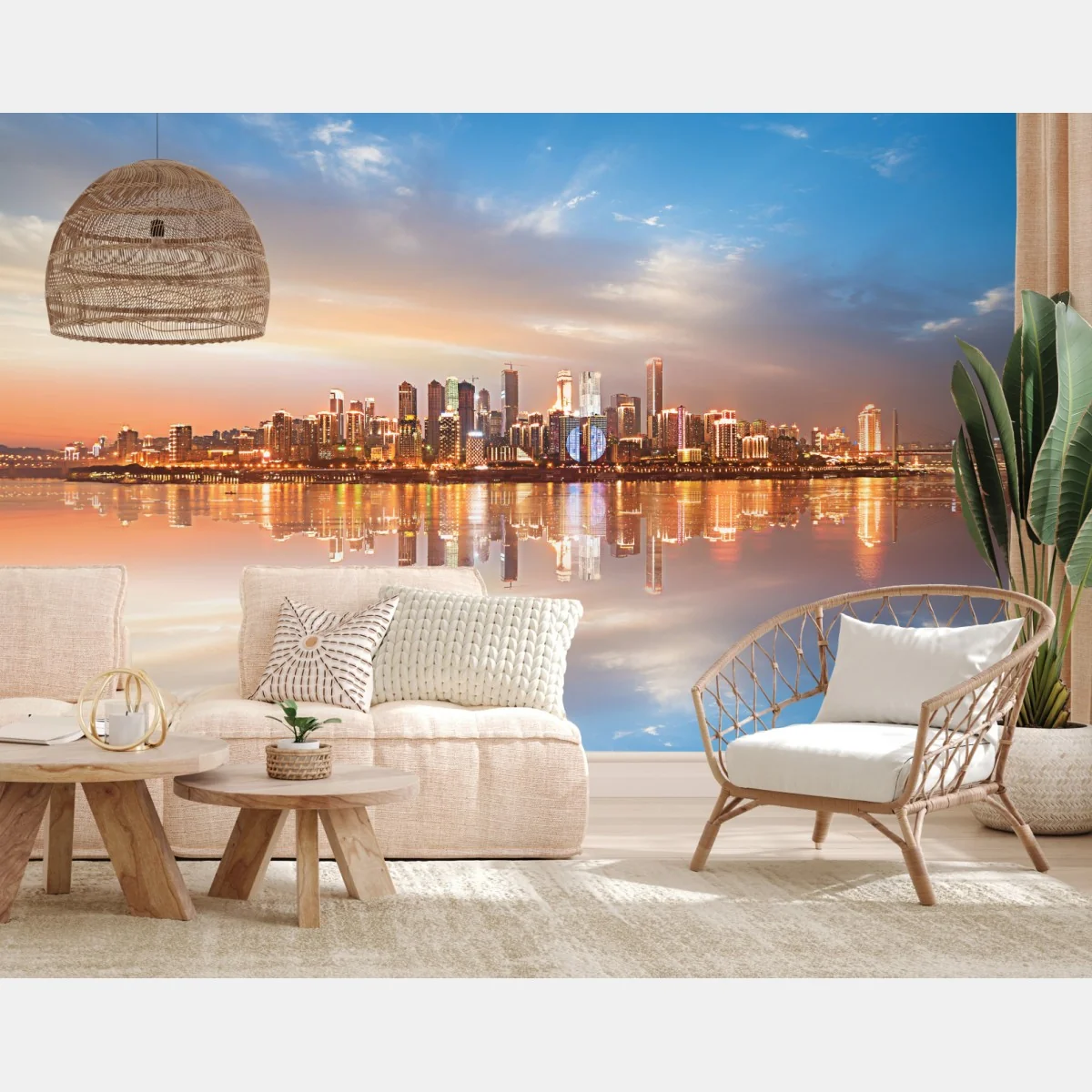 Fototapete stadtsilhouette im spiegelbild bei dämmerung – Wallnifity®