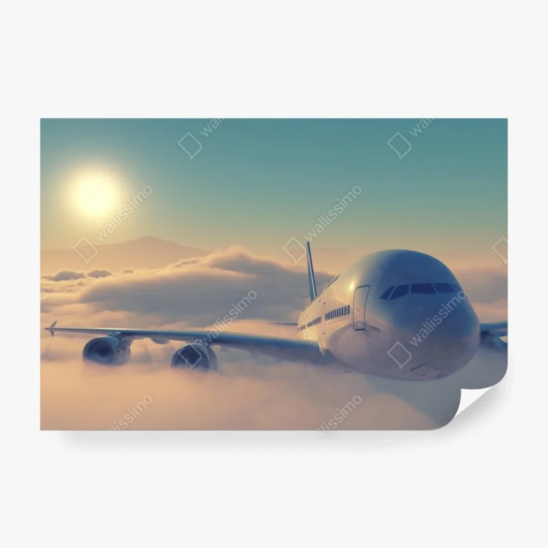 Fototapete flugzeug über den wolken im morgengrauen