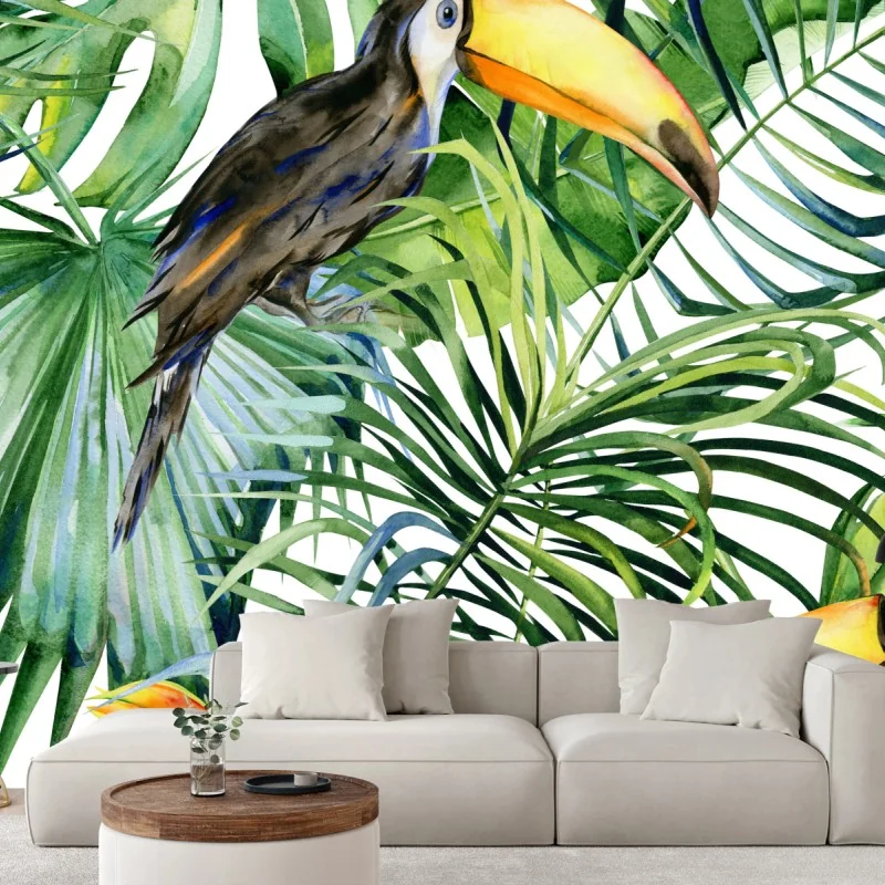 Fototapete aquarell tukan im tropischen muster