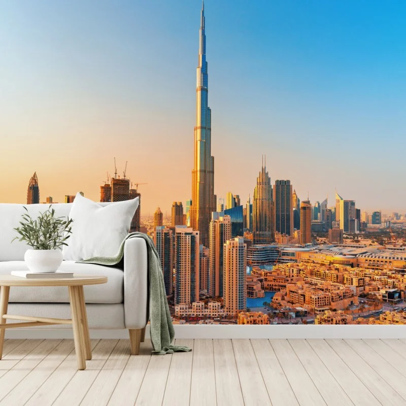 Fototapete Dubai skyline in der goldenen stunde – Wallnifity® Fototapete Dubai skyline in der goldenen stunde – Wallnifity®