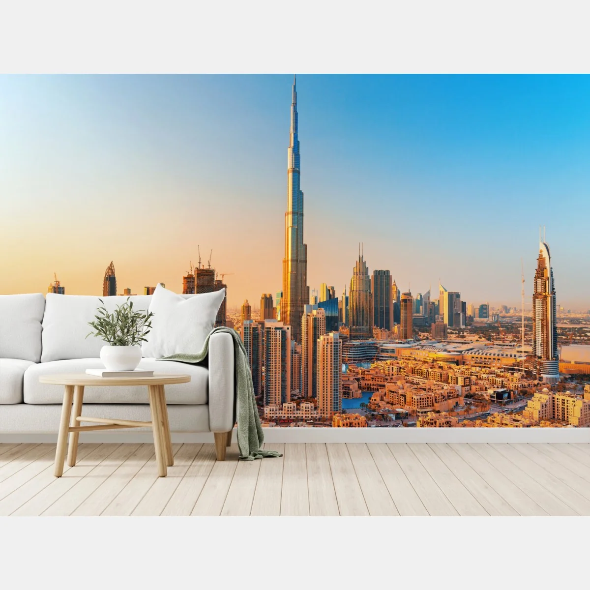 Fototapete Dubai skyline in der goldenen stunde – Wallnifity® Fototapete Dubai skyline in der goldenen stunde – Wallnifity®