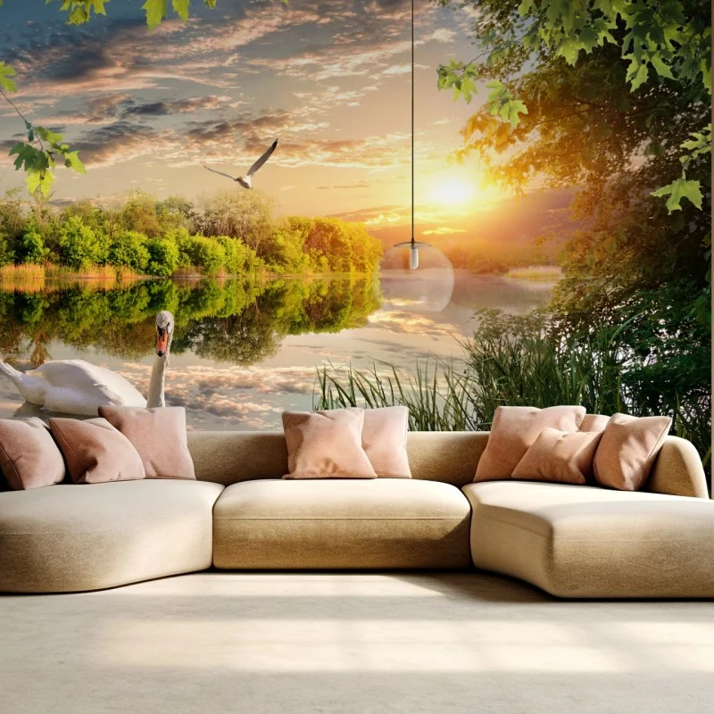 Fototapete sonnenuntergang mit schwan auf stillem see – Wallnifity® Fototapete sonnenuntergang mit schwan auf stillem see – Wallnifity®