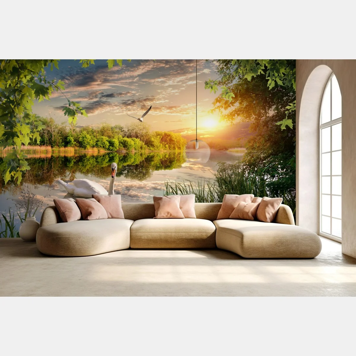 Fototapete sonnenuntergang mit schwan auf stillem see – Wallnifity® Fototapete sonnenuntergang mit schwan auf stillem see – Wallnifity®
