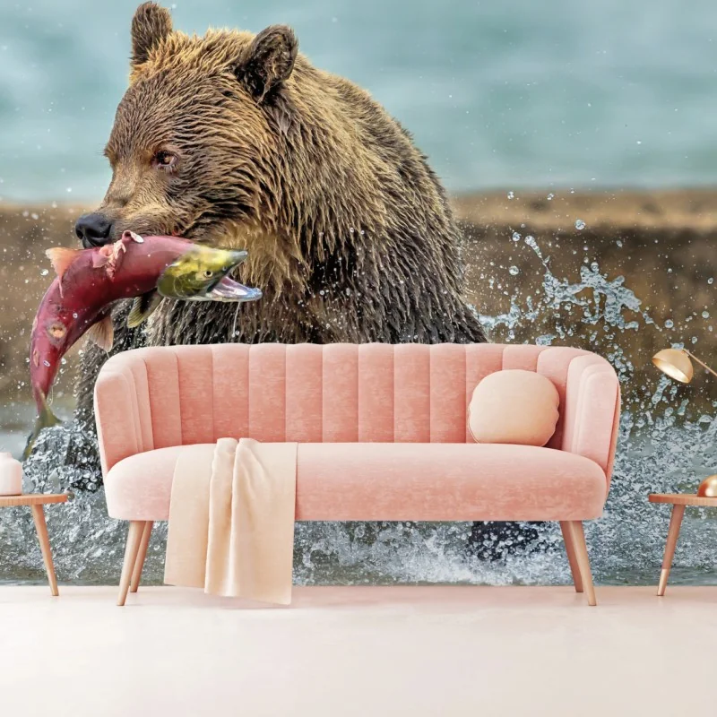 Fototapete braunbär fängt lachs im fluss – Wallnifity®