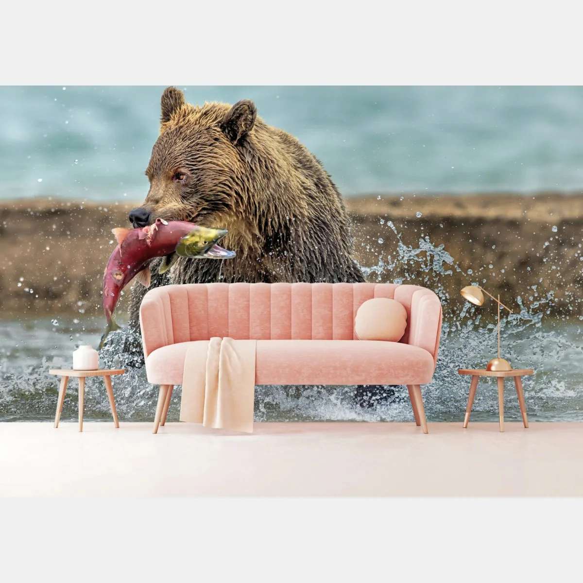 Fototapete braunbär fängt lachs im fluss – Wallnifity®