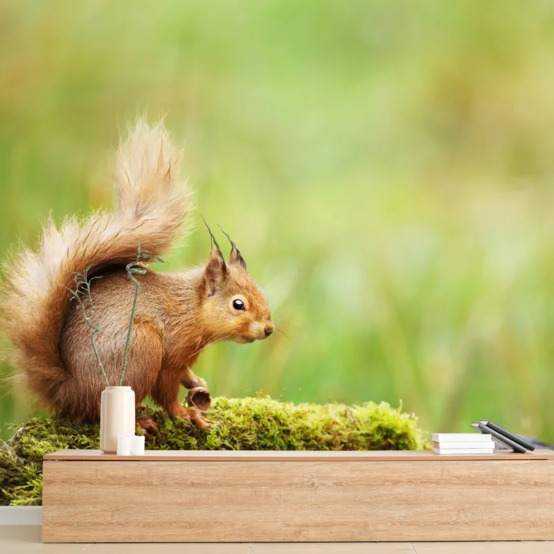 Fototapete rotes eichhörnchen auf moosigem stamm