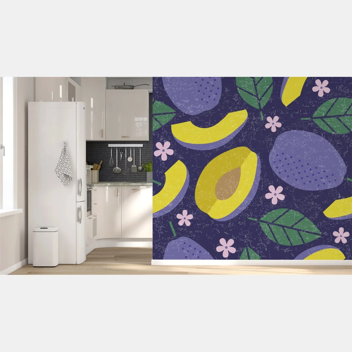 Fototapete verspieltes pflaumenmuster mit blättern – Wallnifity® Fototapete verspieltes pflaumenmuster mit blättern – Wallnifity®