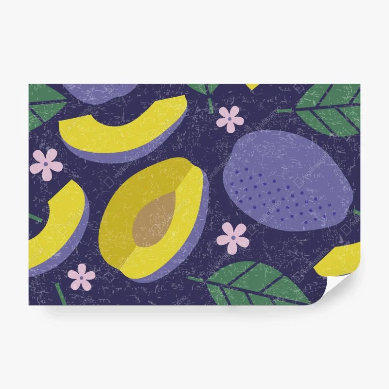 Fototapete verspieltes pflaumenmuster mit blättern