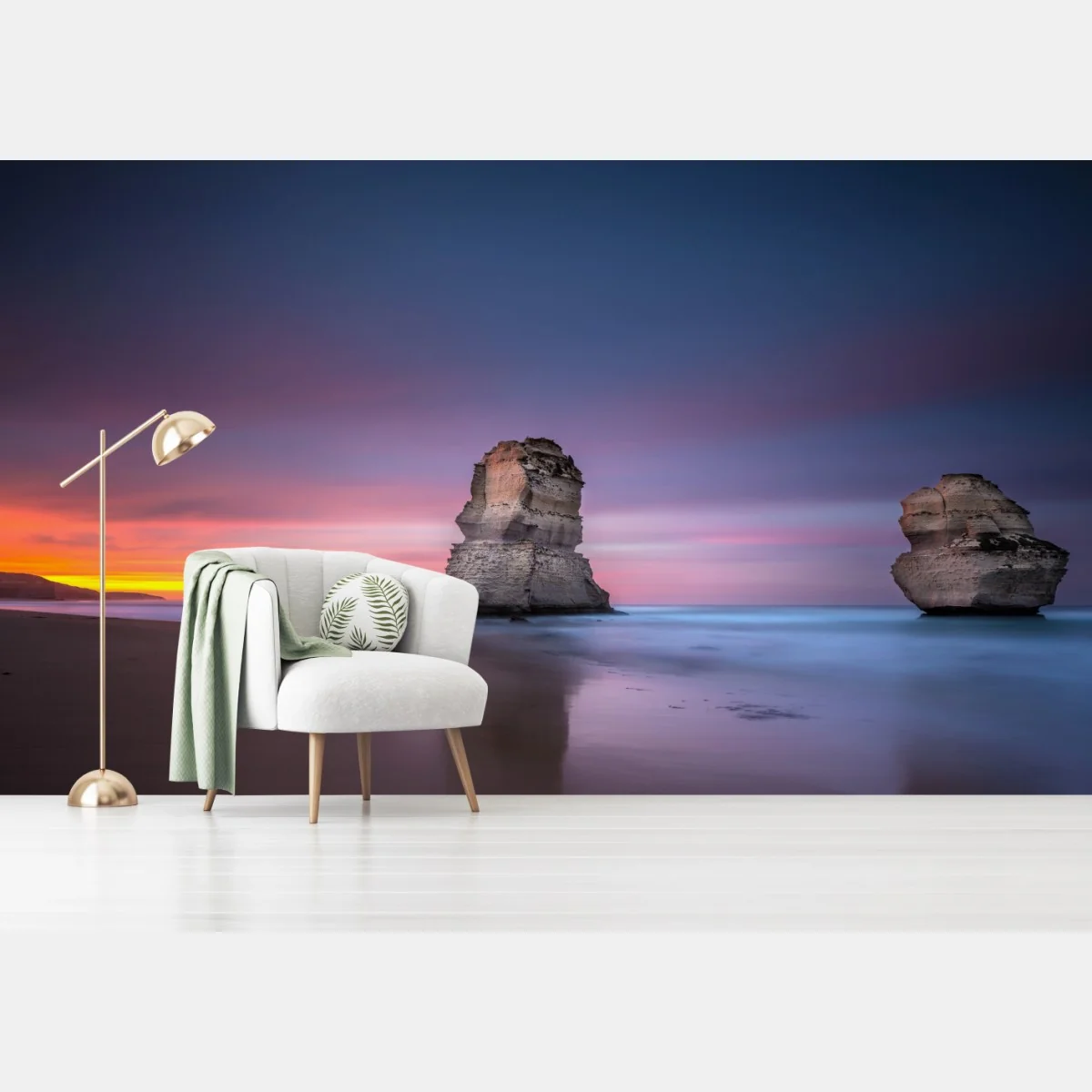 Fototapete ruhige küstenlandschaft mit felsformationen bei sonnenuntergang – Wallnifity® Fototapete ruhige küstenlandschaft mit felsformationen bei sonnenuntergang – Wallnifity®