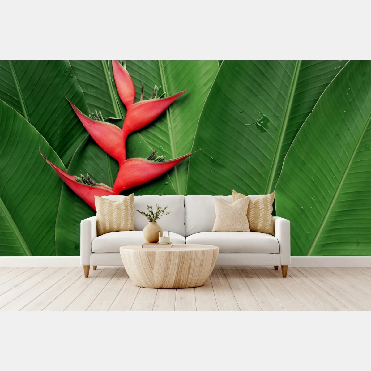 Fototapete leuchtende heliconia auf tropischen blättern – Wallnifity®