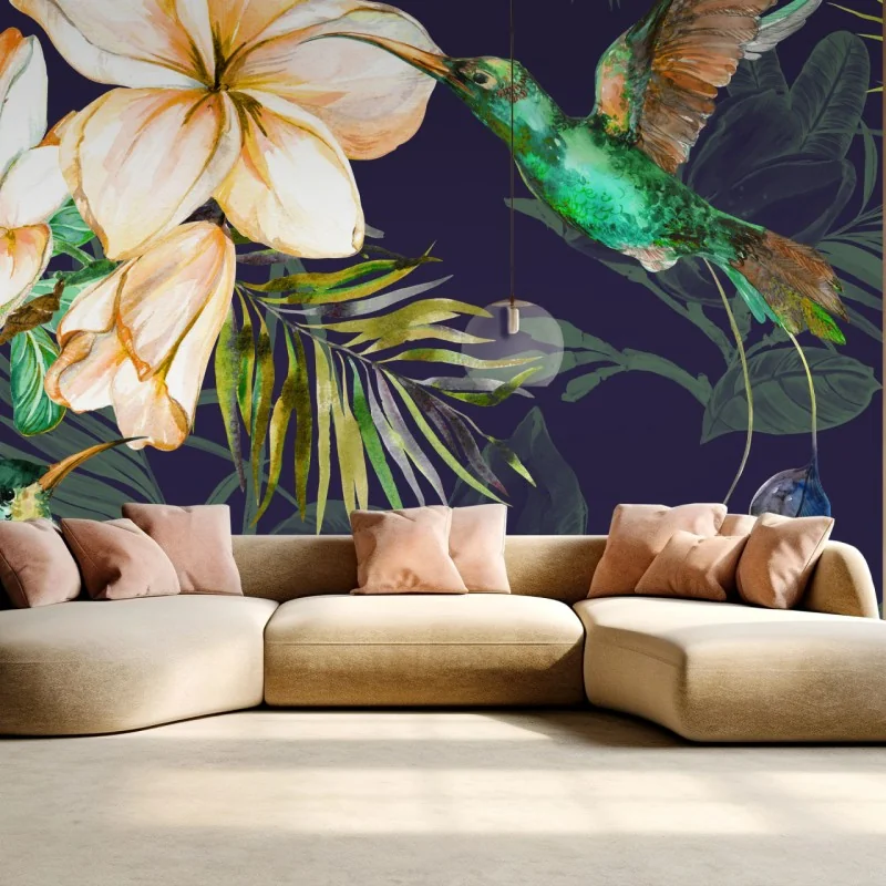 Fototapete tropische kolibris und plumeria in aquarell